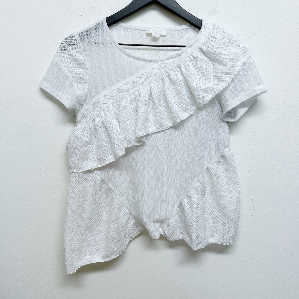 Intropia white ruffle sheer XS short sleeves off centered rounded neck